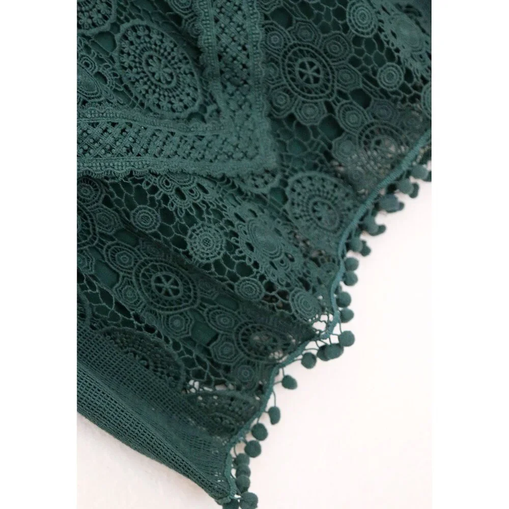 Tularosa Revolve Clayton Tunic Mini Dress L Hunter Green Pom Pom Trim Lace $210 - Picture 8 of 16